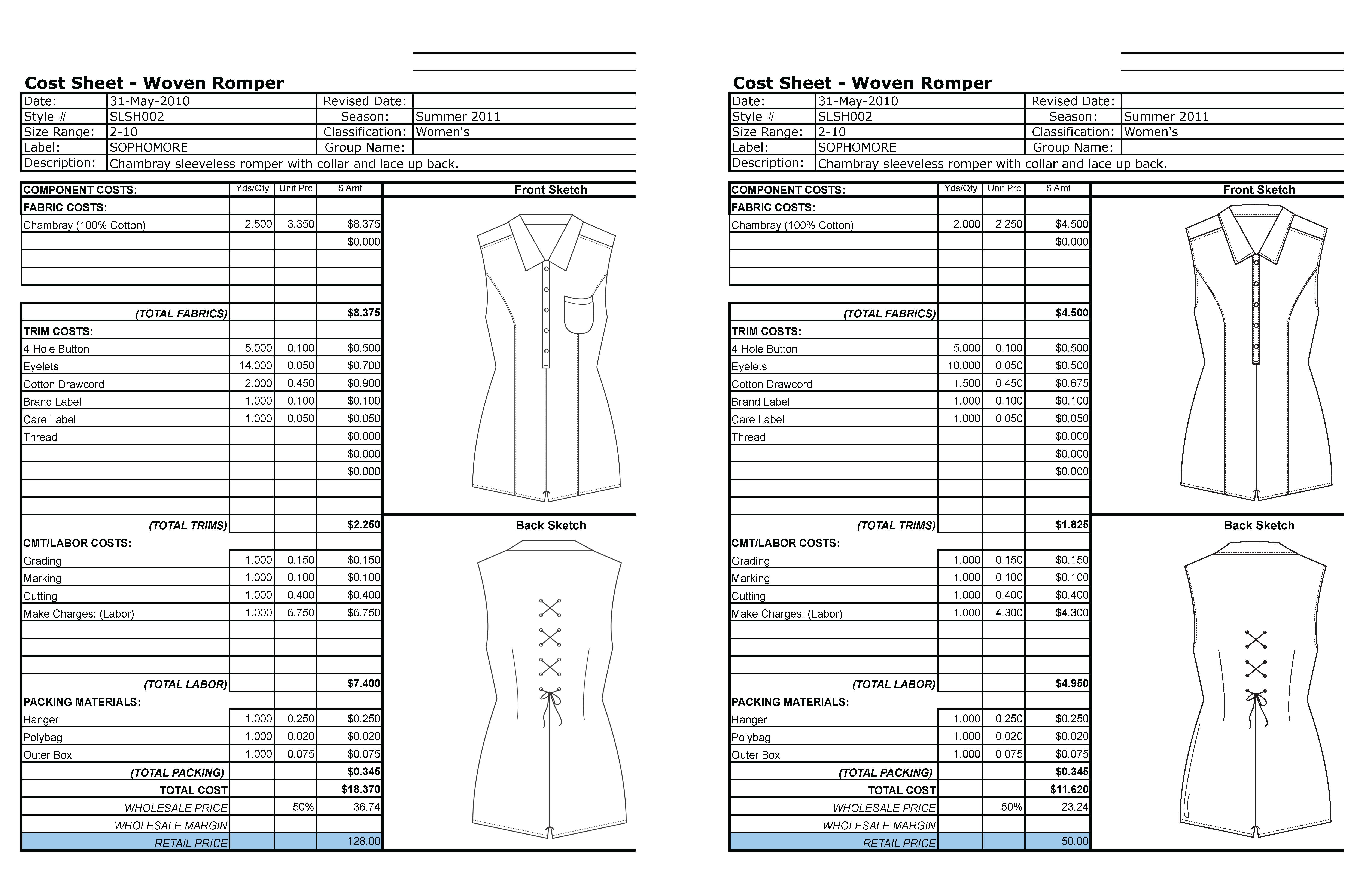 cost sheet template fashion design