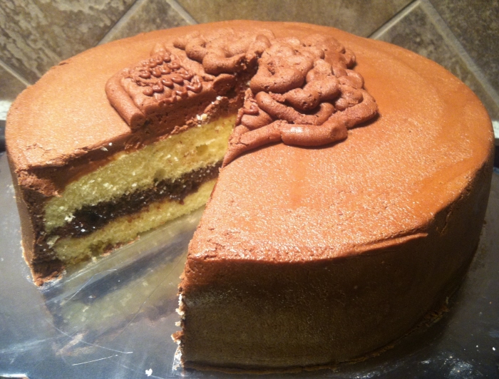 Yellow Cake with Chocolate Buttercream Icing and Hershey's Syrup
