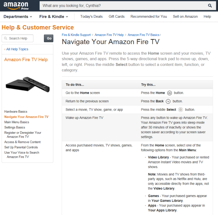 Content Strategy Navigate Your Amazon Fire TV Help page by Cynthia