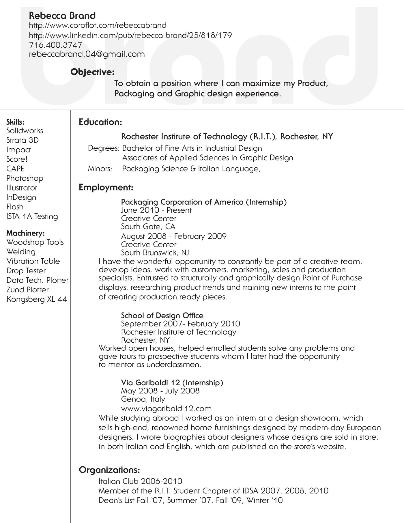 Resume by Rebecca Brand at Coroflot.com