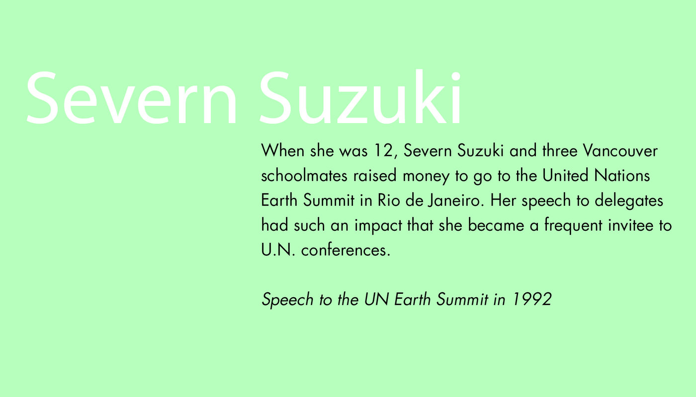 What does severn suzuki want her audience to feel, or do after listening to her speech image