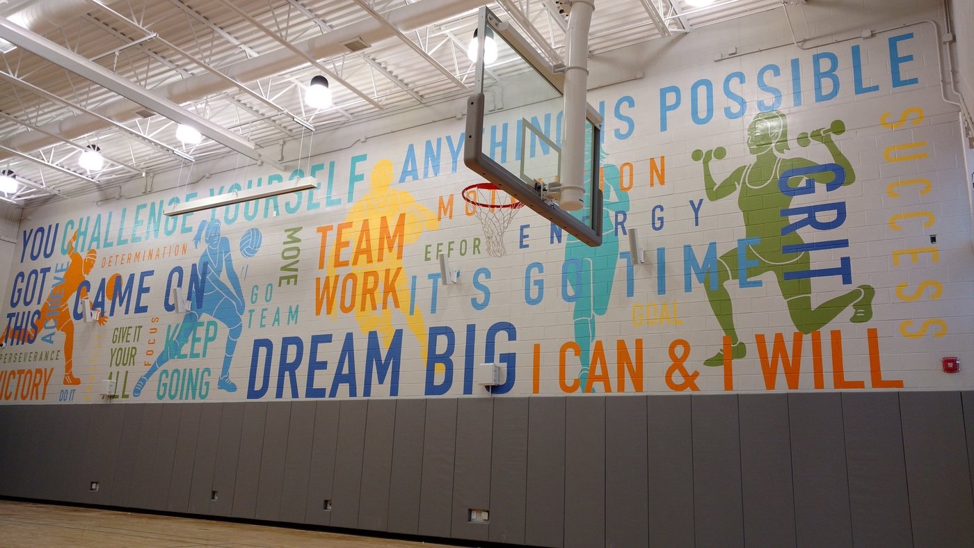 2017 Bancroft School Gym Mural Mount Laurel, NJ by Erica Harney at