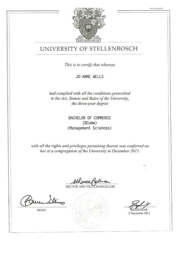 University of Stellenbosch Degree by JoAnne Wells at