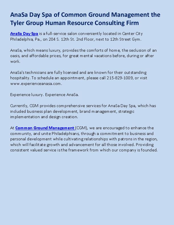 AnaSa Day Spa of Common Ground Management the Tyler Group Human