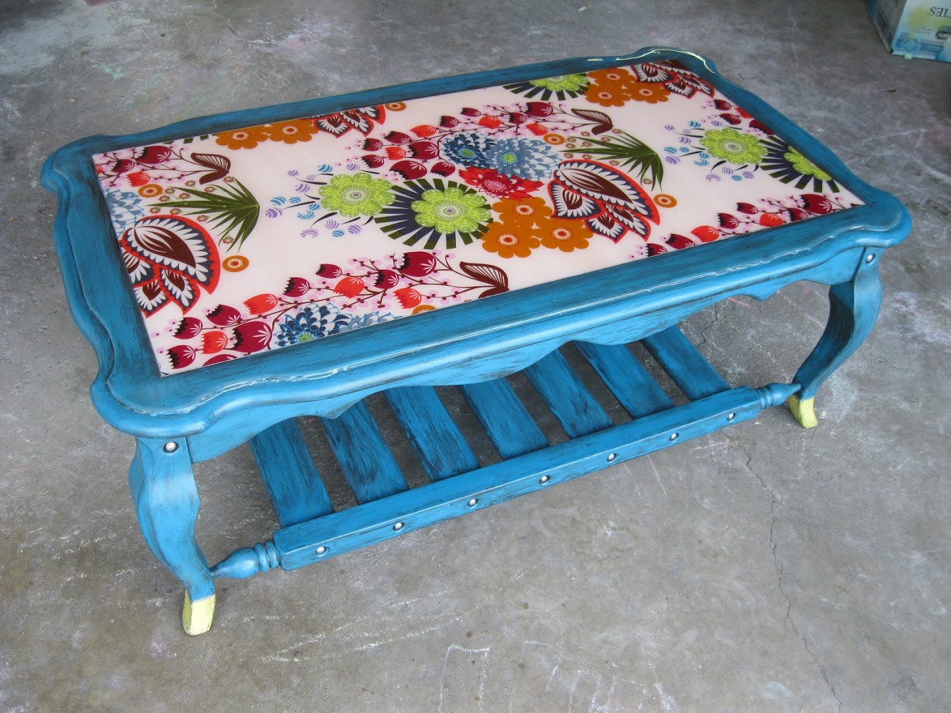 Before & After Epoxy Resin fabric inlay coffee table by Heidi