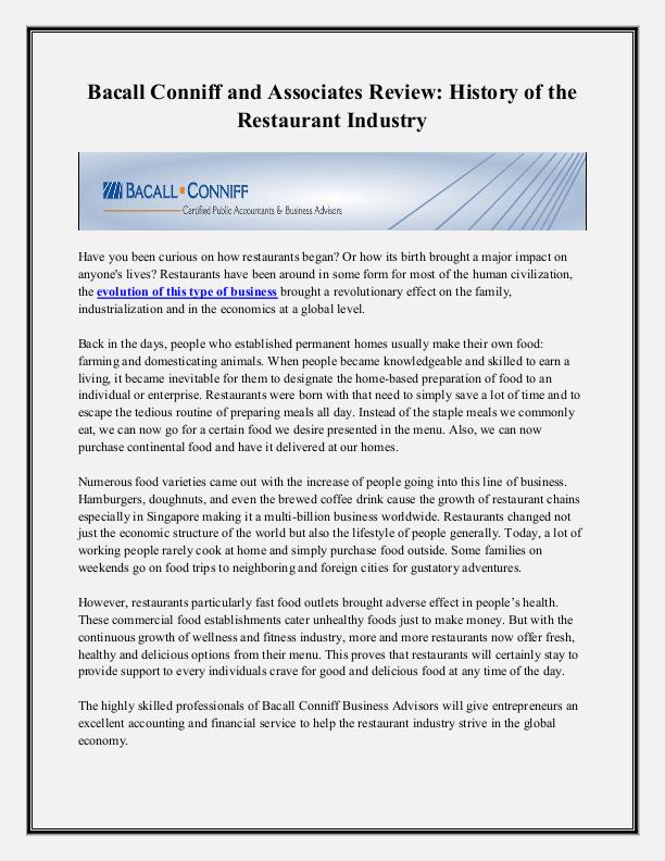 Bacall Conniff and Associates Review History of the Restaurant